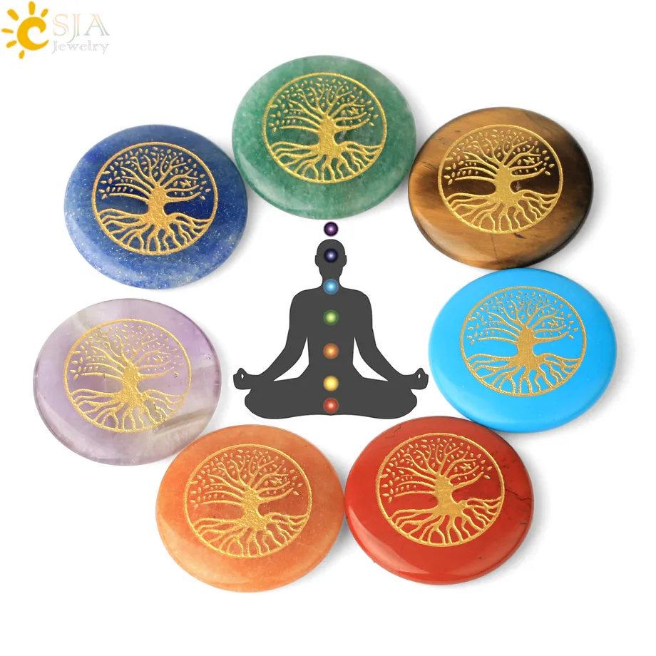 CSJA 7 Chakra Symbol Engraved Set 100% Natural Palm Stones Crystal Quartz Feng Shui Decor Reiki Healing Spiritual Balancing G673