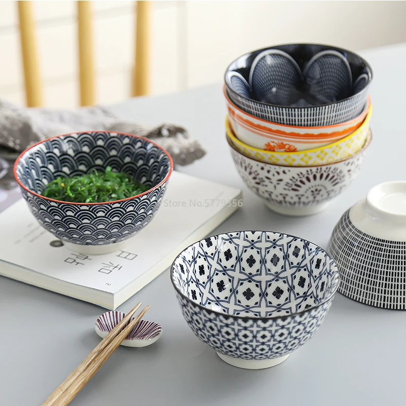 4 Pcs/set 4.5 Inch Rice Bowl Ceramic Tableware Thread Underglaze Color Support Oven and Dishwasher