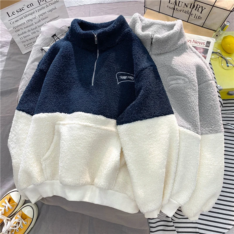 Women Patchwork Hoodies Stand Collar Lambswool Fashion Warm Cozy Loose Outerwear for Students Harajuku Winter New Sweatshirts