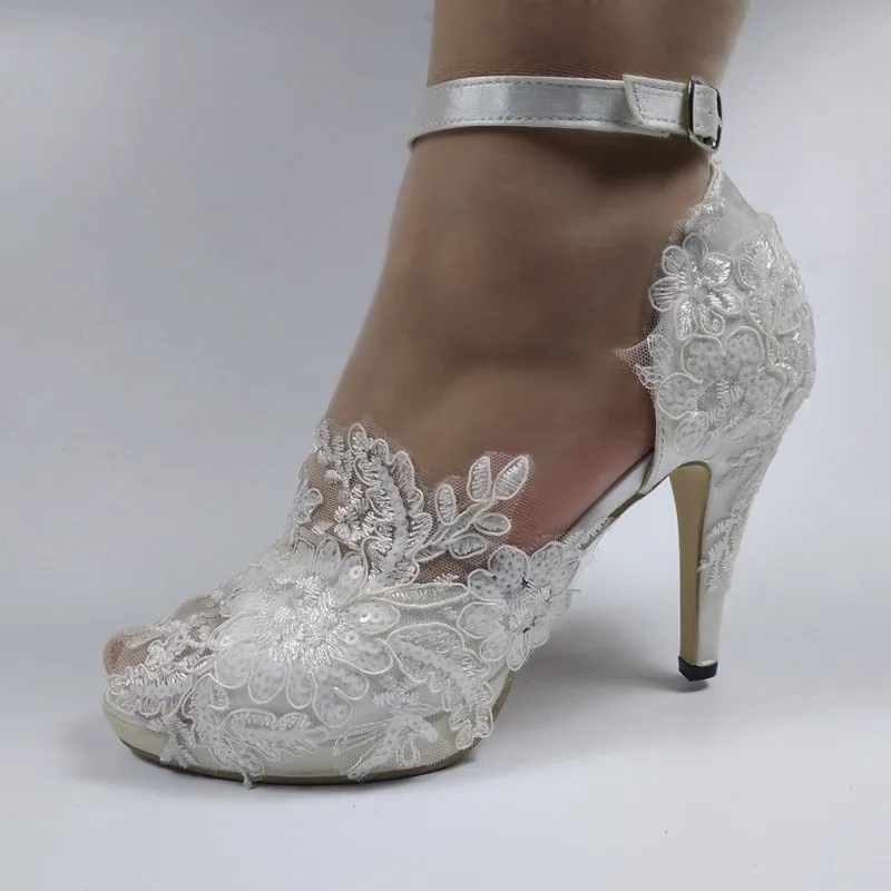 

BaoYaFang New Womens wedding shoes Peep Toe white lace shoes crystal Flower Ladies party shoes woman ankle strap High heel