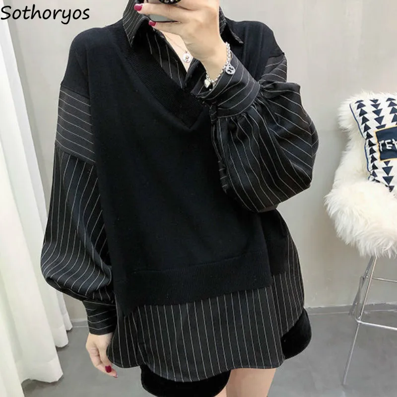 Fake Two Pieces Blouses Women Streetwear Patchwork Retro Korean Style Daily Chic Fashion Lantern Sleeve New Outwear Design Ins