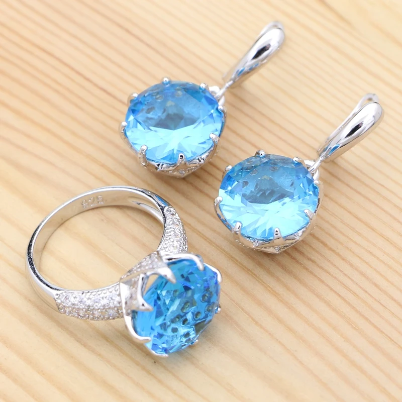 925 Sterling Silver Jewelry Set Sky Blue Cubic Zirconia White Crystal Bridal Earrings Ring Set Anniversary Gift