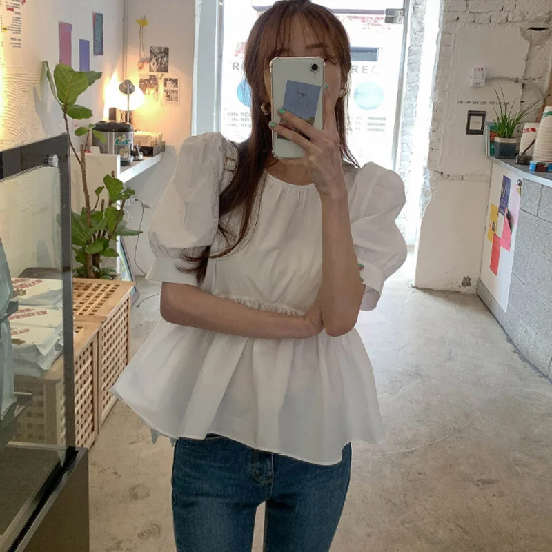 Puff Sleeve Blouses Women White O-neck All-match Korean Style Sweet Cute Tops Summer Chic Female Temperament Design Fashion New