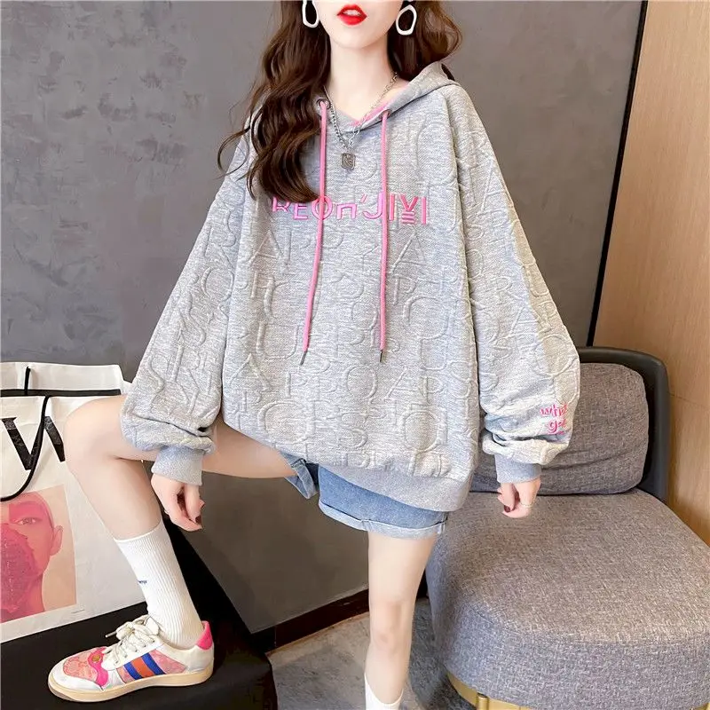 Autumn New Embroidery Hoodies Womens Fashion Loose Large Size Hoodie Korean Trendy Thin Long-sleeved Versatile Hooded Sweatshirt