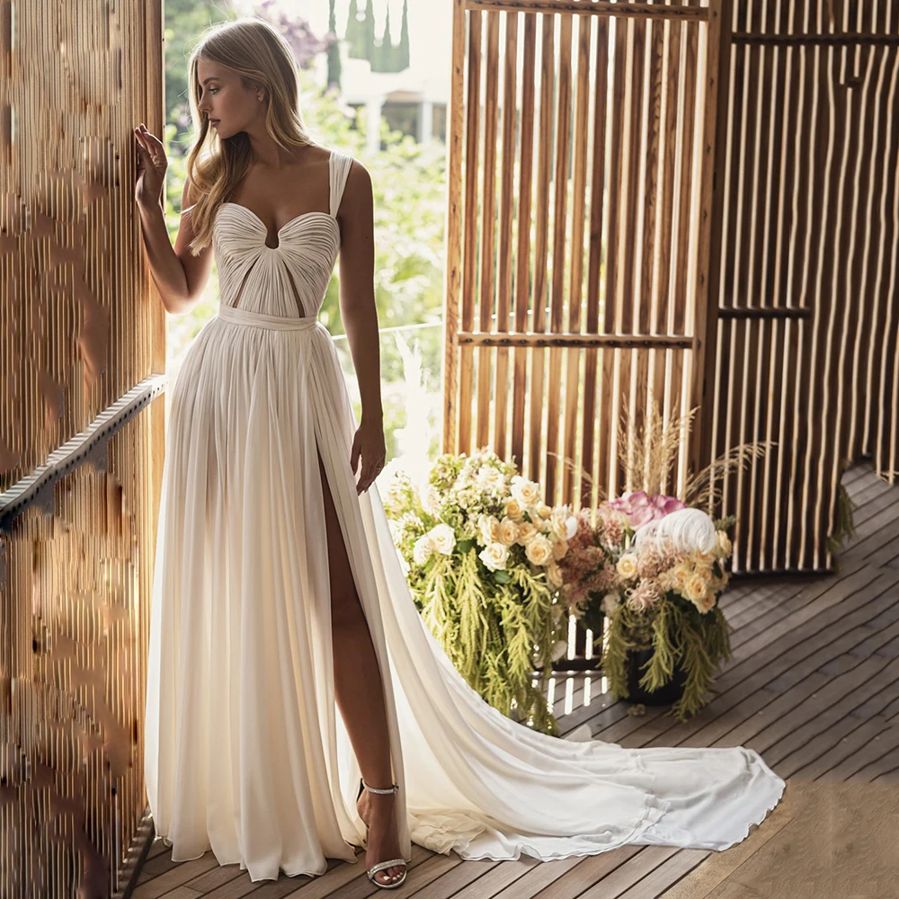 Boho Ivory A Line Pleated Chiffon Beach Wedding Dress Sweetheart High Slit Backless Flowy Bridal Gowns vestido de noiva simples