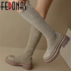 FEDONAS Autumn Winter Concise Fashion Women Knee High Boots Genuine Leather Slim Long Stretch Boots Thick Heels Shoes Woman New