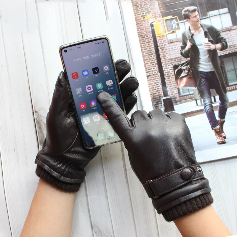 Guantes de piel de oveja para hombre, nuevo estilo, pantalla táctil, a rayas con botones, forro tejido de lana, cuero de terciopelo cálido, para