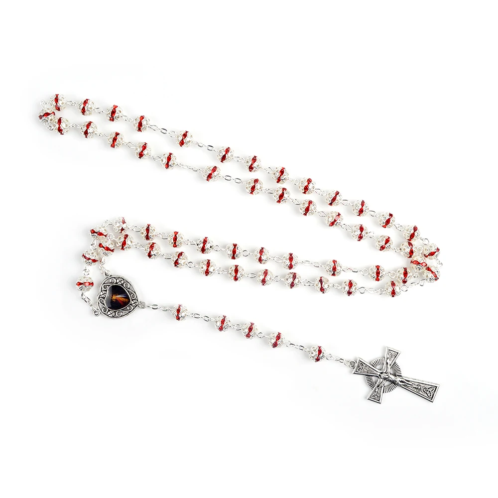 Religious Red Carved Alloy Beads Catholic Rosary Necklace with Jesus Mercyful Center Connector