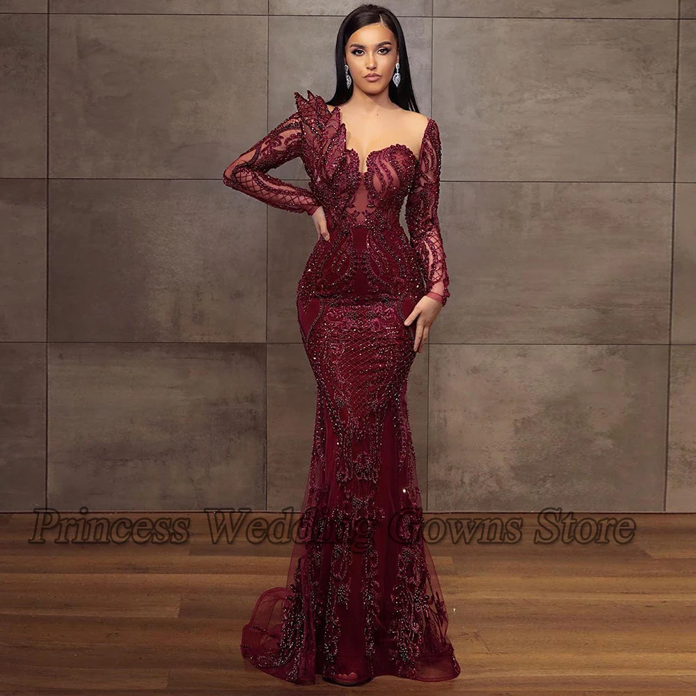 Burgund Abendkleid Lange Luxus 2022 Braut Bodenlangen Volle Hülse Glitter Perle Spitze Prom Party Kleid Für Frau Hochzeit tragen