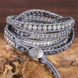 Natural Labradorite Bead 5 Wraps Bracelet Handmade Grey Wax Rope Boho Stainless Steel Chain Woven Adjustable Statement Bracelet
