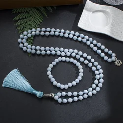 8mm Aquamarine Beaded 108 Mala Necklace Meditation Yoga Blessing Spiritual Jewelry Set  Japamala Rosary Tree of Life Pendant