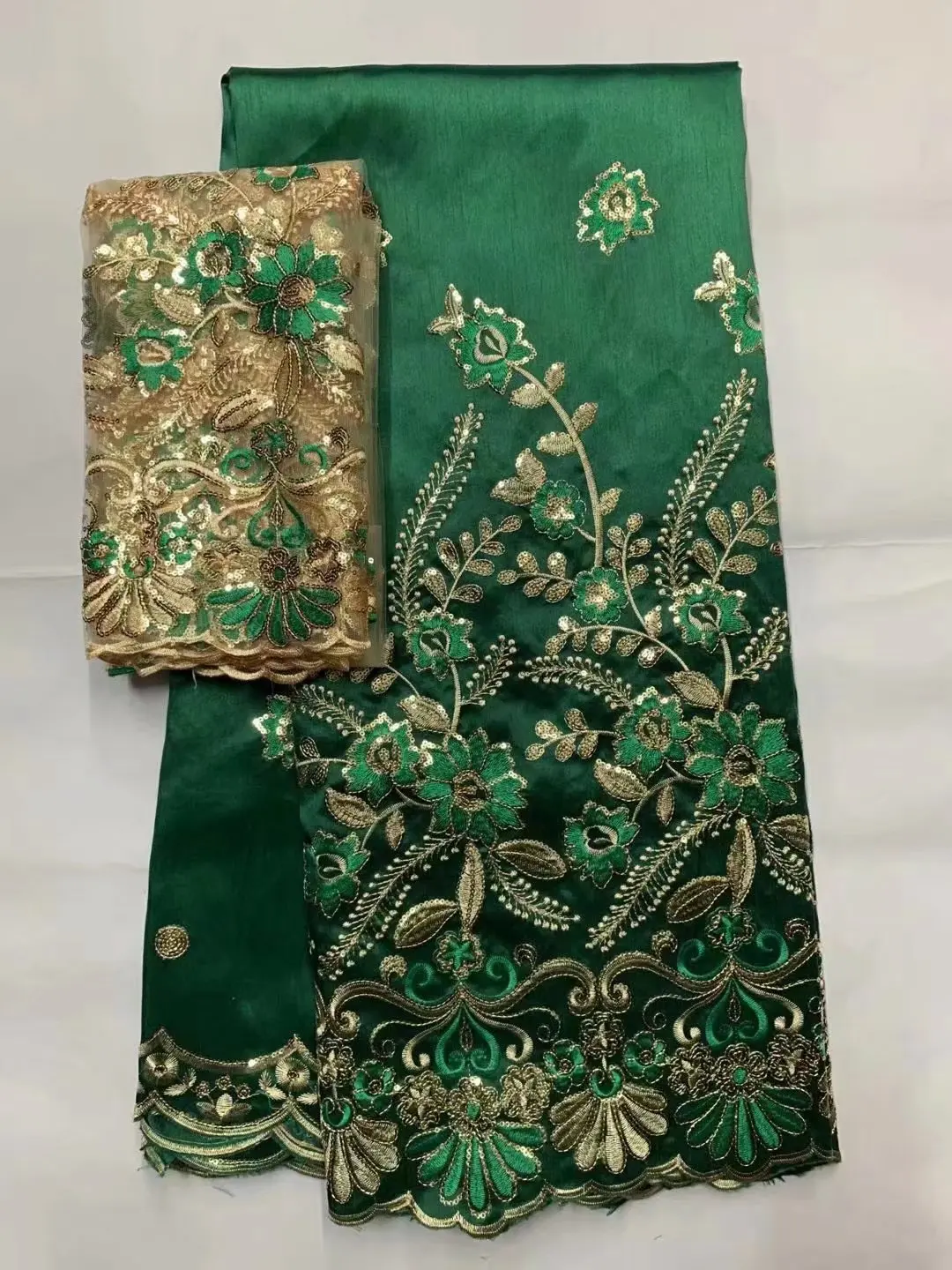 

Green George Lace Fabric 2022 High Quality African Lace Fabric 5 +2 Yard Gold Sequin Tulle Embroidery Indian Saree Dubai