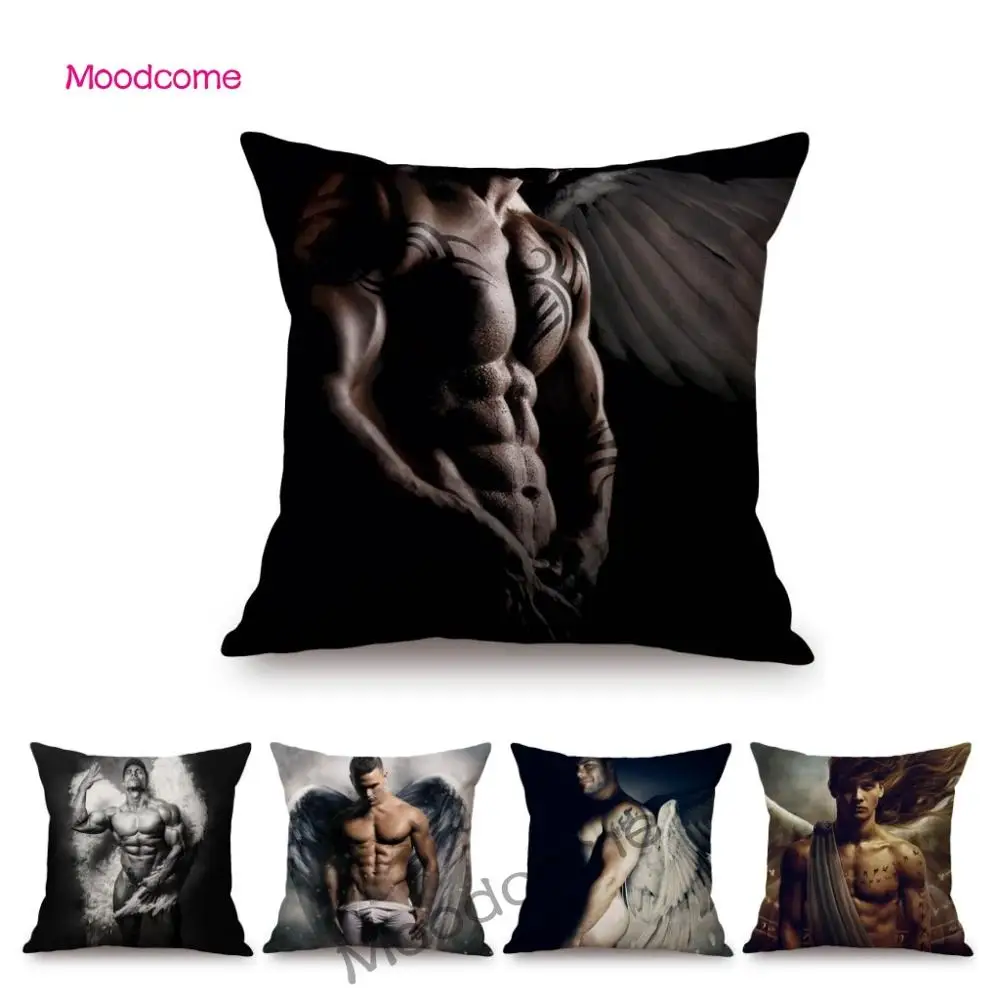 Ribbed Muscle Man Sexy Angel Hot Guy Muscular Gym Art Poster Sofa Decorative Cushion Cover Darker Handsome Nude Man Pillow Case