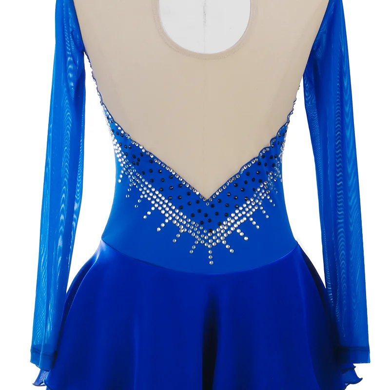 ZAGITOVA Royal Blue Figure Skating Dress Women Girls Ice Skating Skirt V-neck Stripe Rhinestones Mesh Skirt