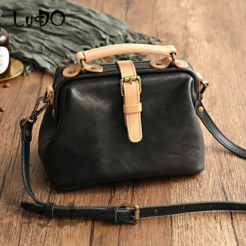 Handmade Genuine Leather Women Handbags Vintage Real Leather Doctor Bag Simple Retro Female Shoulder Messenger Bag New Original