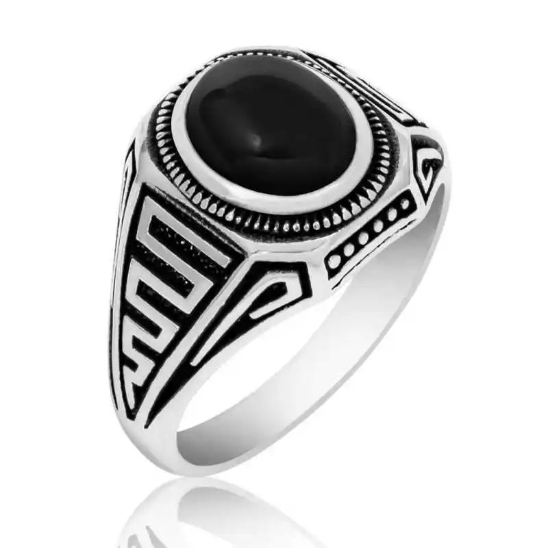 Silver Black Stone Men's Ring - 925 Sterling Men's Jewelry Wedding Birthday Gift - Box - Men - Fashion - Botiva - Size - Turkish - Patterned Embroidery