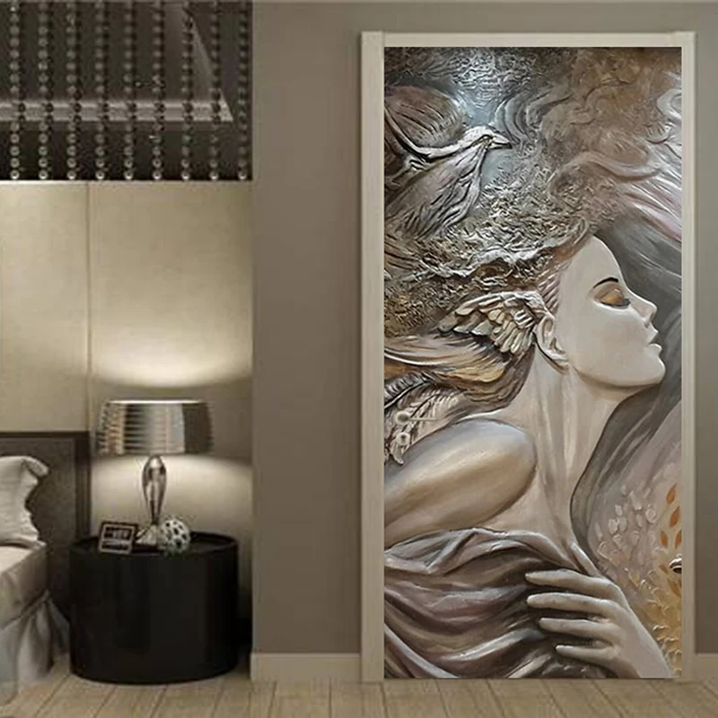 

European Style Door Sticker 3D Stereo Releif Figure Wallpaper Living Room Bedroom Door Poster PVC Self-Adhesive Decal 3D Sticker