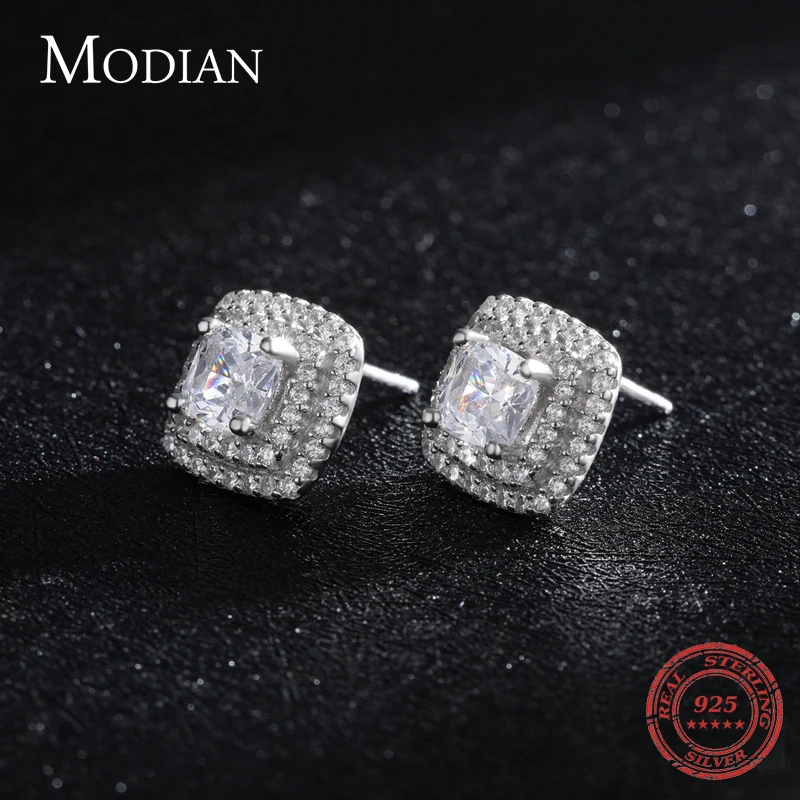 Modian-Boucles d'oreilles carrées classiques en argent regardé 925 véritable pour femme, boucle d'oreille CZ transparente, goujon de mariage de luxe, bijoux fins de fiançailles