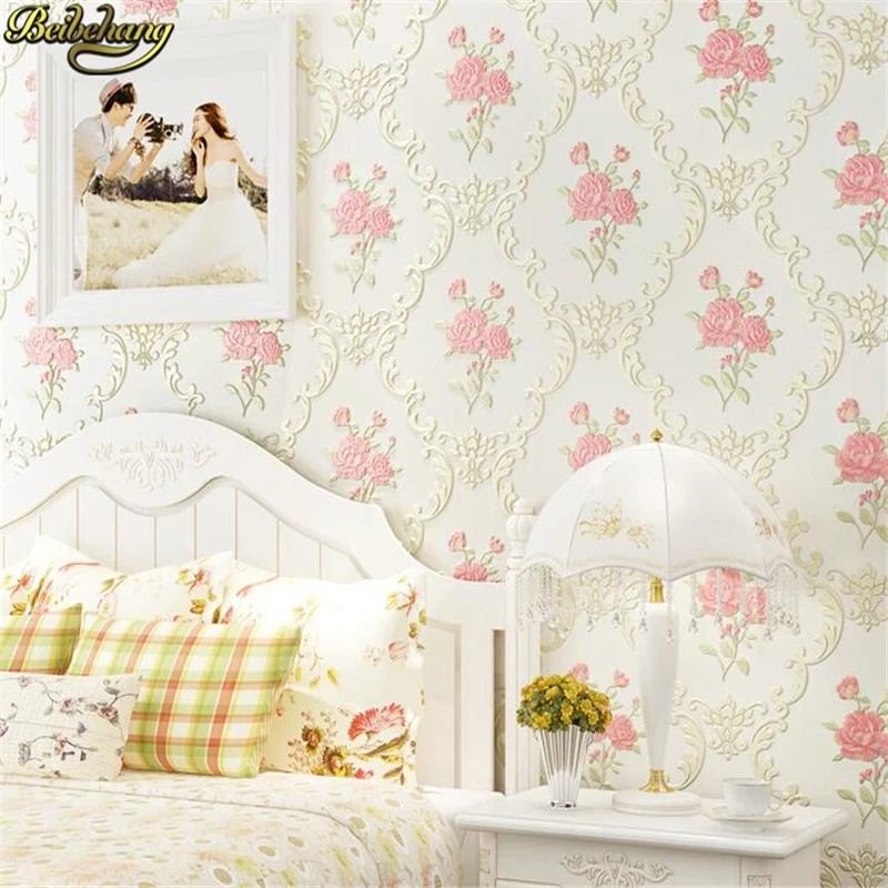 Beibehang-papel tapiz autoadhesivo europeo no tejido, rollo de papel de pared Rosa 3D para jardín, dormitorio, sala de estar, Fondo de TV, 53x300cm