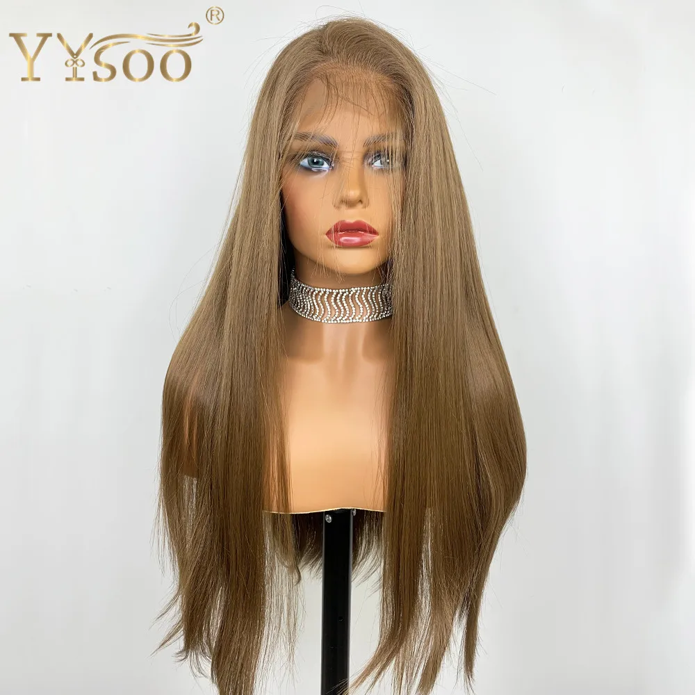 YYsoo-peruca longa e sedosa loira reta para mulheres, perucas sintéticas frente de renda, 13x4, futura, cabelo resistente ao calor, linha fina natural