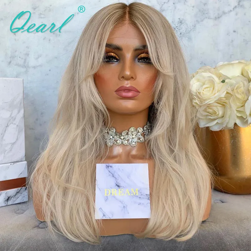 Ombre Light Ash Blonde HD Lace Frontal Wig Fringe 13x6 Human Hair Wigs Full Lace Wig Natural Straight 180% Cheap Sale Qearl