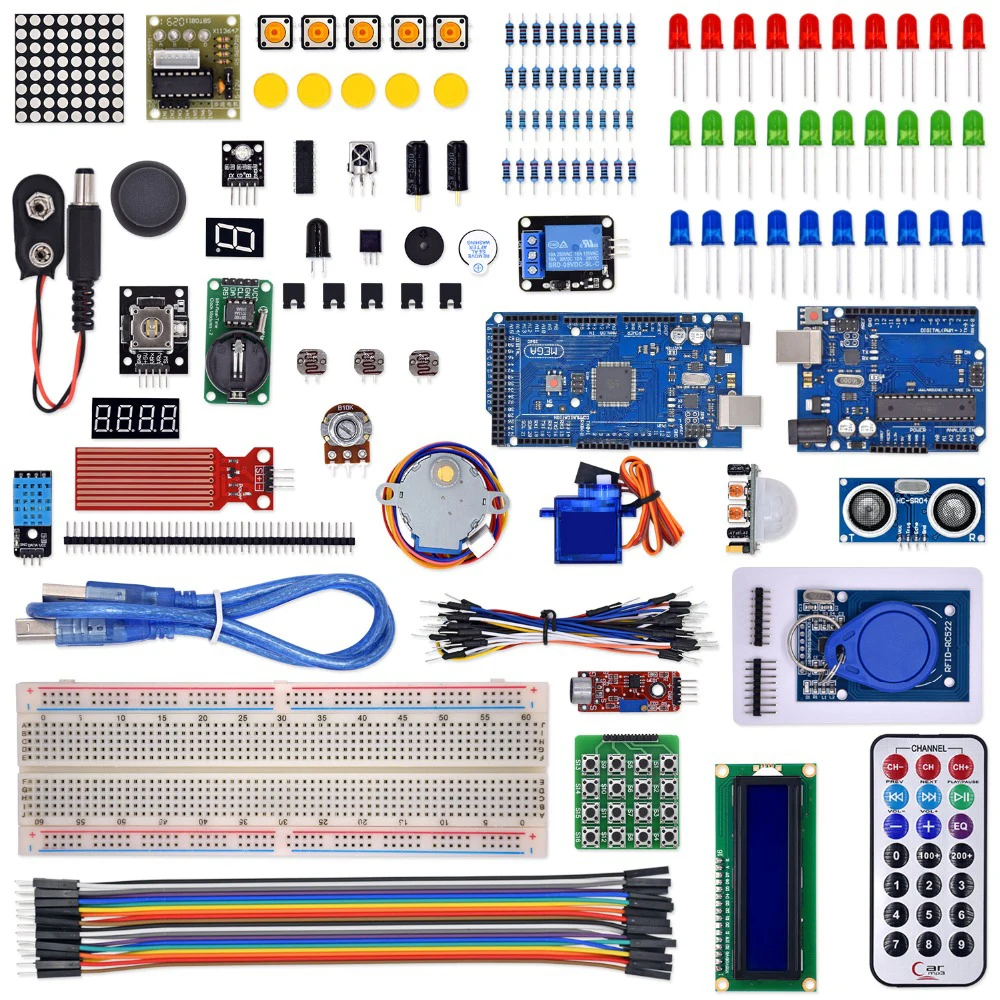 

Комплект для arduino R3 с mega 2560 / lcd1602 / hc-sr04 /dupont line в пластиковой коробке