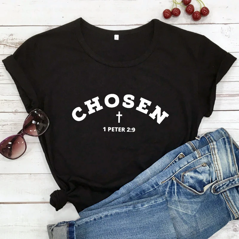 Chosen 1 Peter 2:9 T-shirt Women Religious Faith Bible Tee Shirt Top Casual Unisex Short Sleeve Christian Easter Tshirt