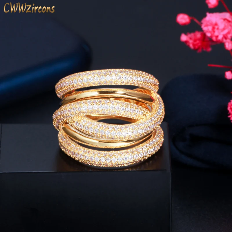 CWWZircons Multi Layered Twist Lines Luxury African Cubic Zirconia Big Wedding Engagement Ring for Women Dubai Gold Plated R196