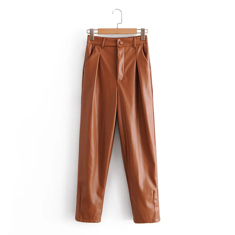 Pantalon en Faux cuir pour femme, ample, jaune, poches élégantes, fermeture éclair, bouton