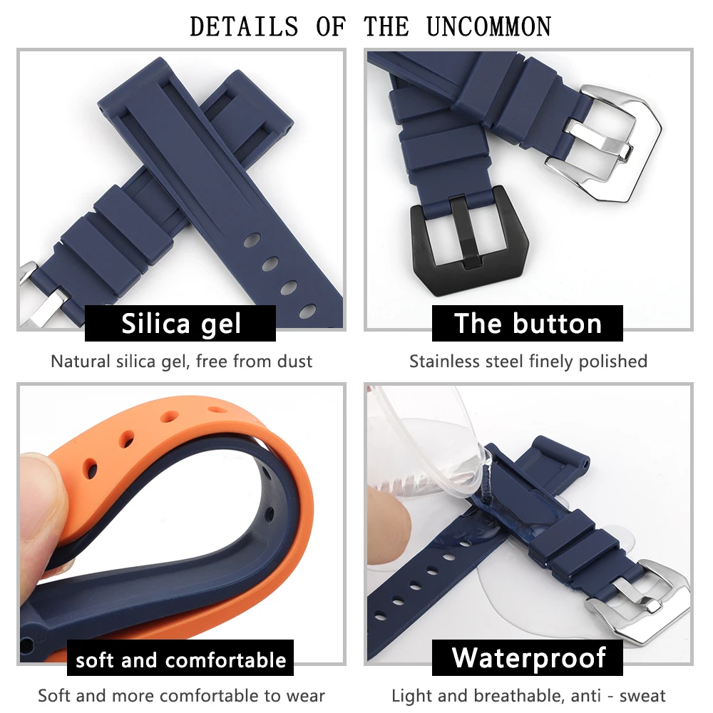 Waterproof Silicone Rubber Watch Strap 20mm 22mm 24mm Stainless Steel Silver Black Buckle Watchband Replacement for Panerai