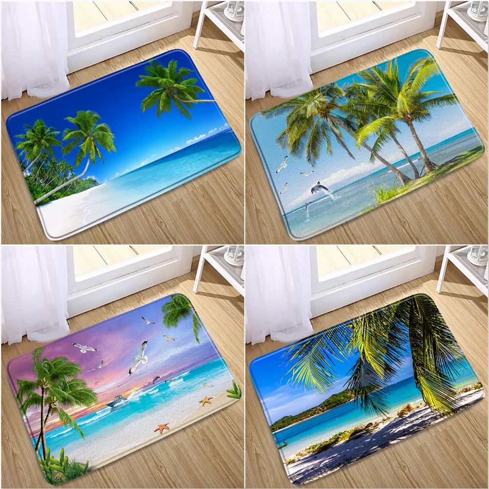 

Summer Sunlight Ocean Landscape Print Non Slip Bath Mat Sea Beach Palm Tree Dolphin Bathroom Carpet Outdoor Rug Entrance Doormat