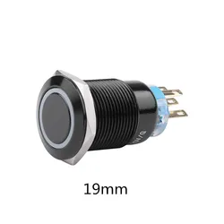 19mm LED 알루미나 블랙 링 라이트 푸시 버튼, 고정 없음 방수 순간 버튼 스위치 래칭