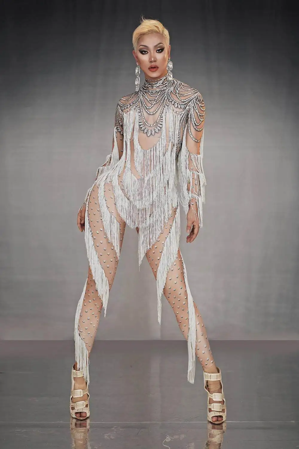 White Tassel Jumpsuit Women stage show wear Fake Rhinestone Print Dancer Spandex Nightclub Costumes