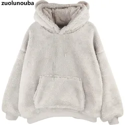 2020 Winter Plus Velvet Korean Version Of Bear Ears Cute Loose Ladies Hoodie Imitation Lamb Plush Sweet Cartoon Women Sweatshirt