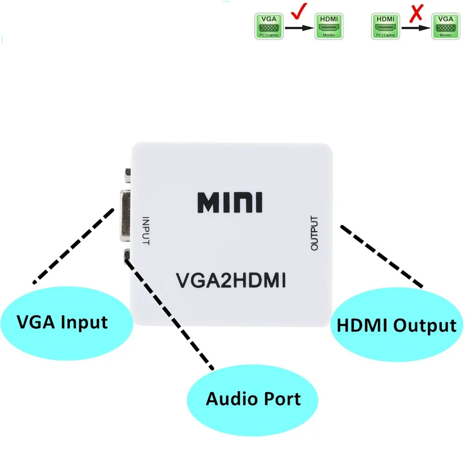 Grwibeou Portable Mini VGA to HDMI-compatible Converter VGA2HDMI Video Box Audio Adapter 1080P For Notebook PC HDTV Projector TV