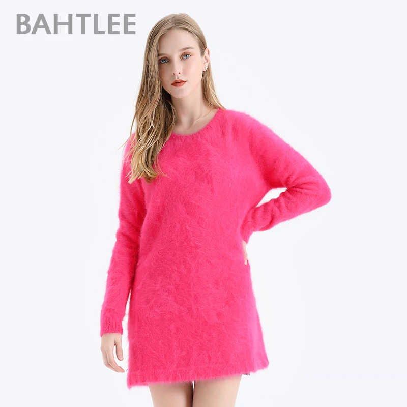 BAHTLEE-Women\'s Angora A Line Dress, Above Knee Length, Wool Knitted Jumper, Long Sleeves, O-Neck, Sexy, Autumn, Winter