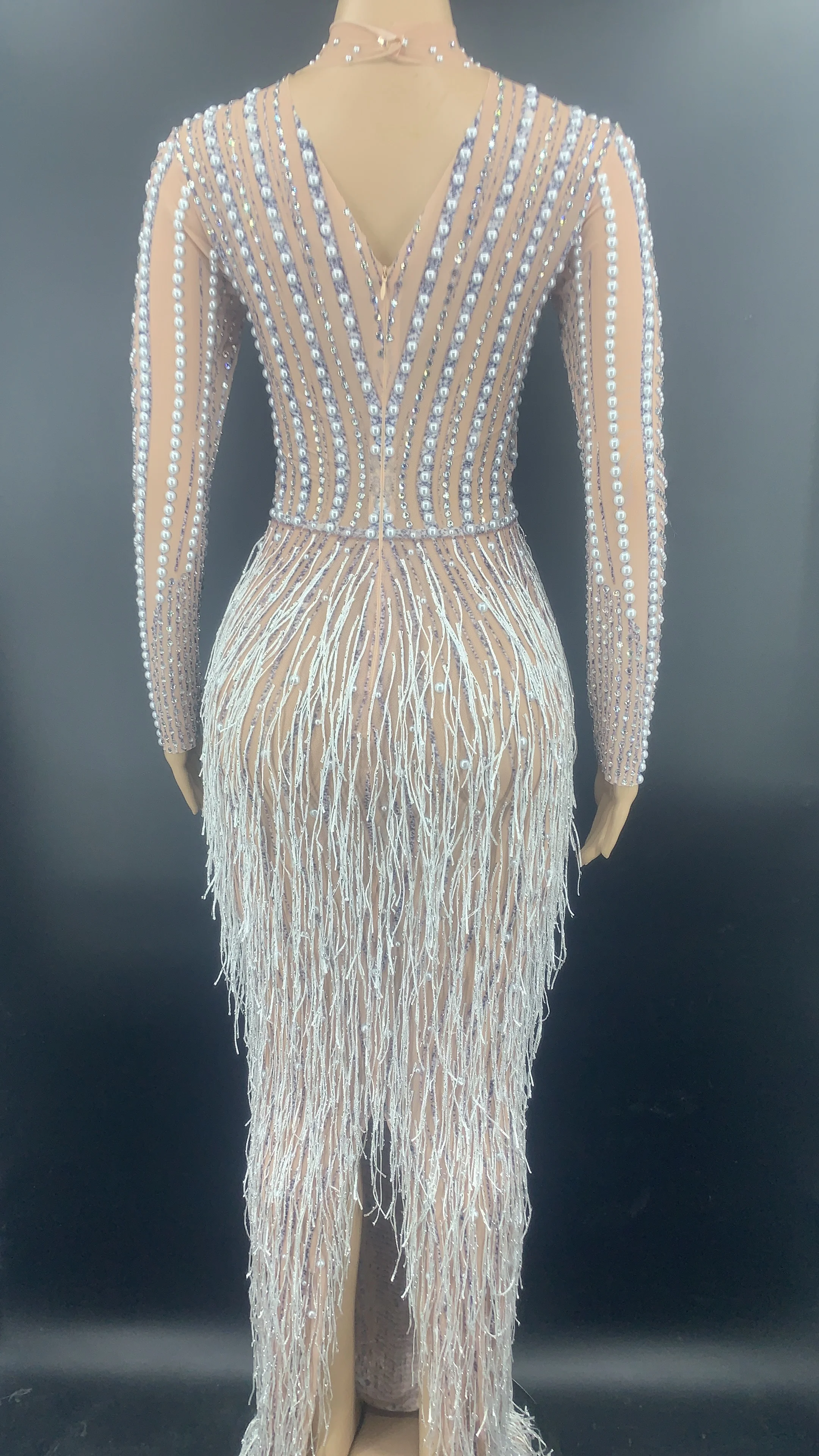 Silver Rhinestone Pearl Fringe Long Dress Birthday Celebrate Transparent Outfit Women Dancer Prom Club Dress