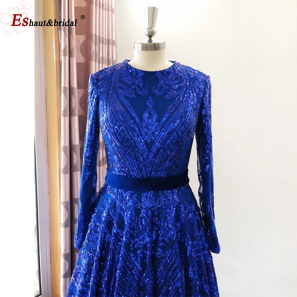 Elegant A-Line Evening Night Dress for Women Muslim 2023 Vintage O Neck Long Sleeves Sequins Formal Prom Wedding Party Gowns