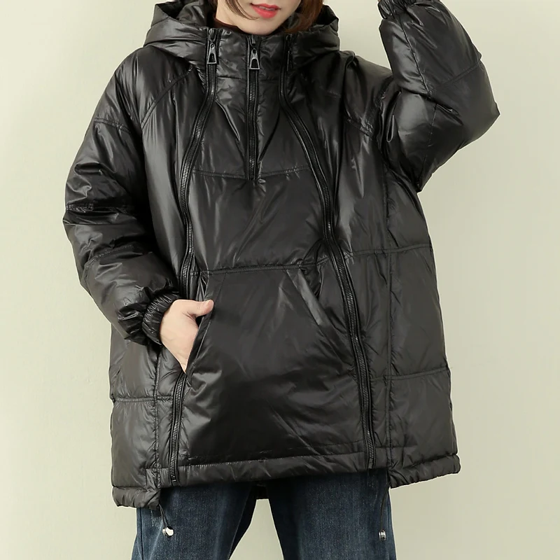 

2024 New Winter Women Hooded White Duck Down Jacket Female SolidHooded Down Loose Zippers Jackets Lady Warm Snow Coat