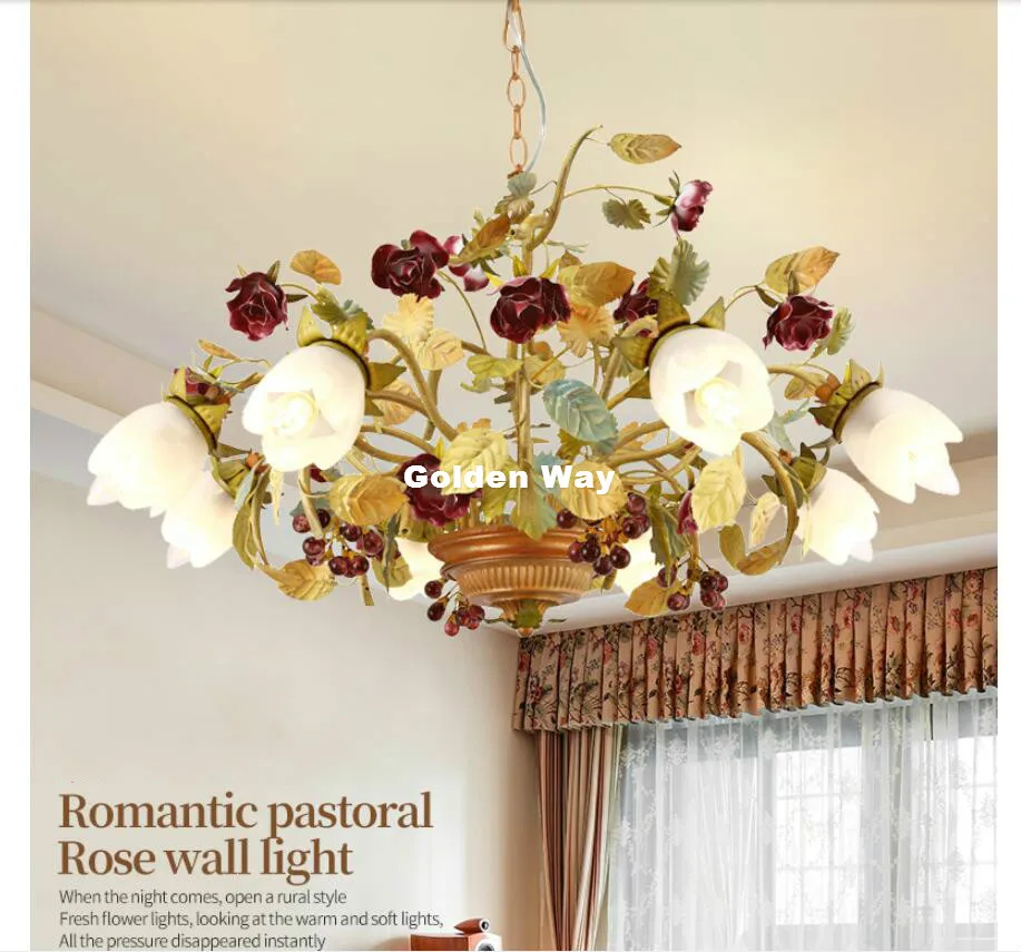 European Floral Design D70cm 6L Chandelier Lighting Glass Shade Rose Lamp Living Room Hanging Lights Dining Room Bedroom Lights