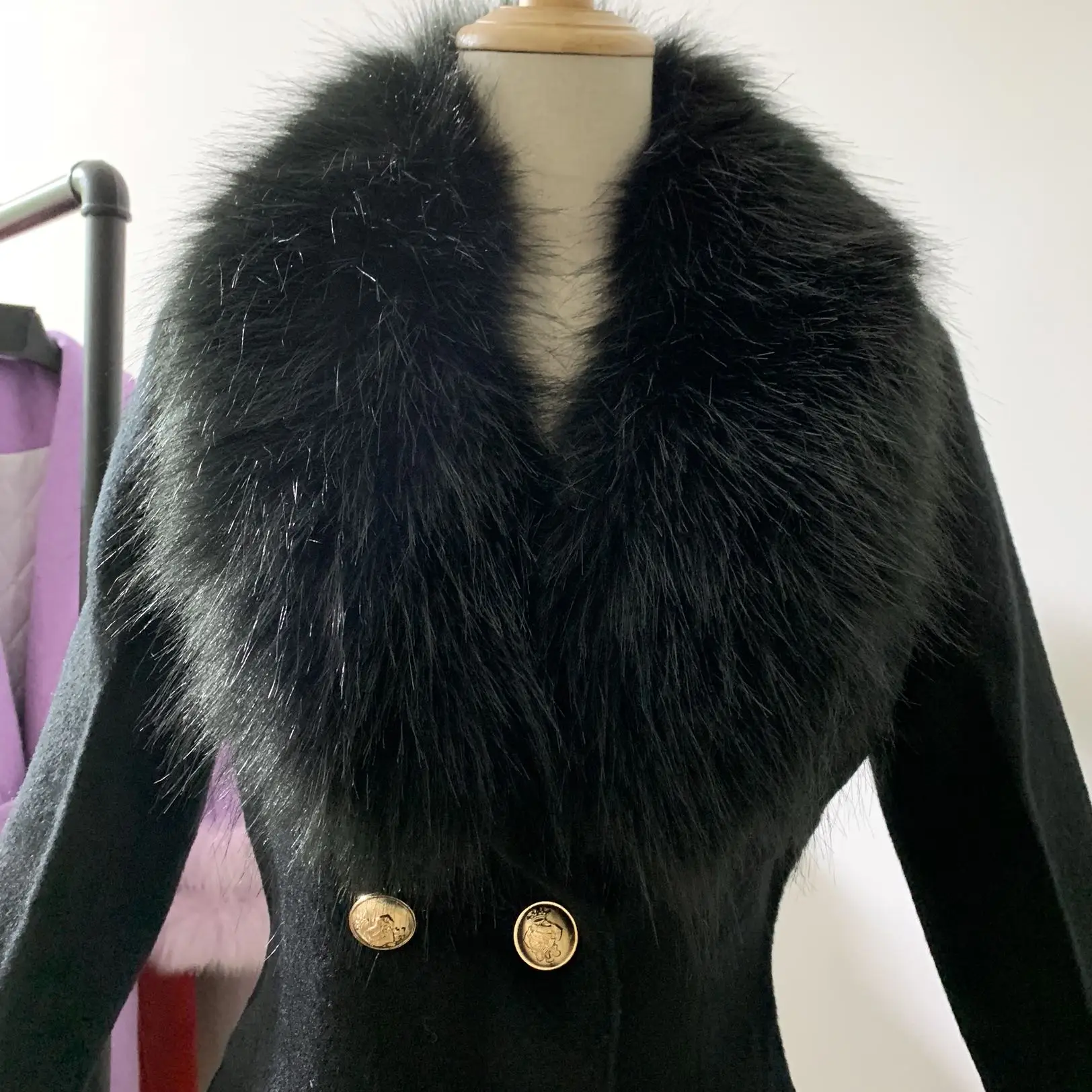 Winter fashion women woolen coat high imitation big fox fur collar black cashmere coat female double breasted slim outwear