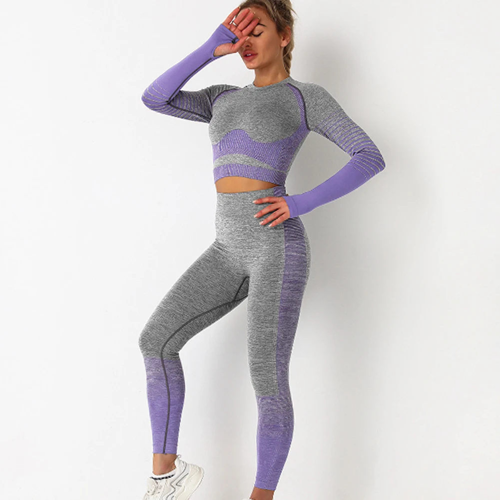 Women Seamless Striped Yoga Set 2Pcs Gym Clothes High Waist Leggings+Long Sleeved Crop Tops Gradient Running Training Sportswear