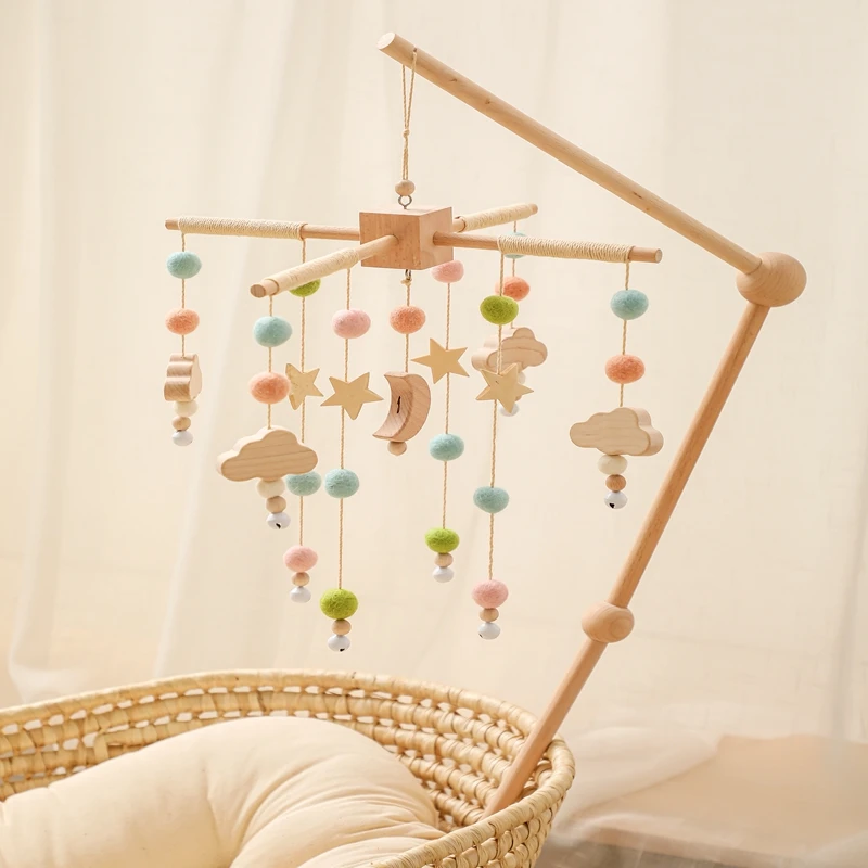 Cloche de lit en bois pour bébé, 1 pièce, support mobile, hochets en forme d'étoile et de lune, boule en peluche, jouets musicaux pour nourrissons, cloche rotative, cadeau de naissance pour bébé