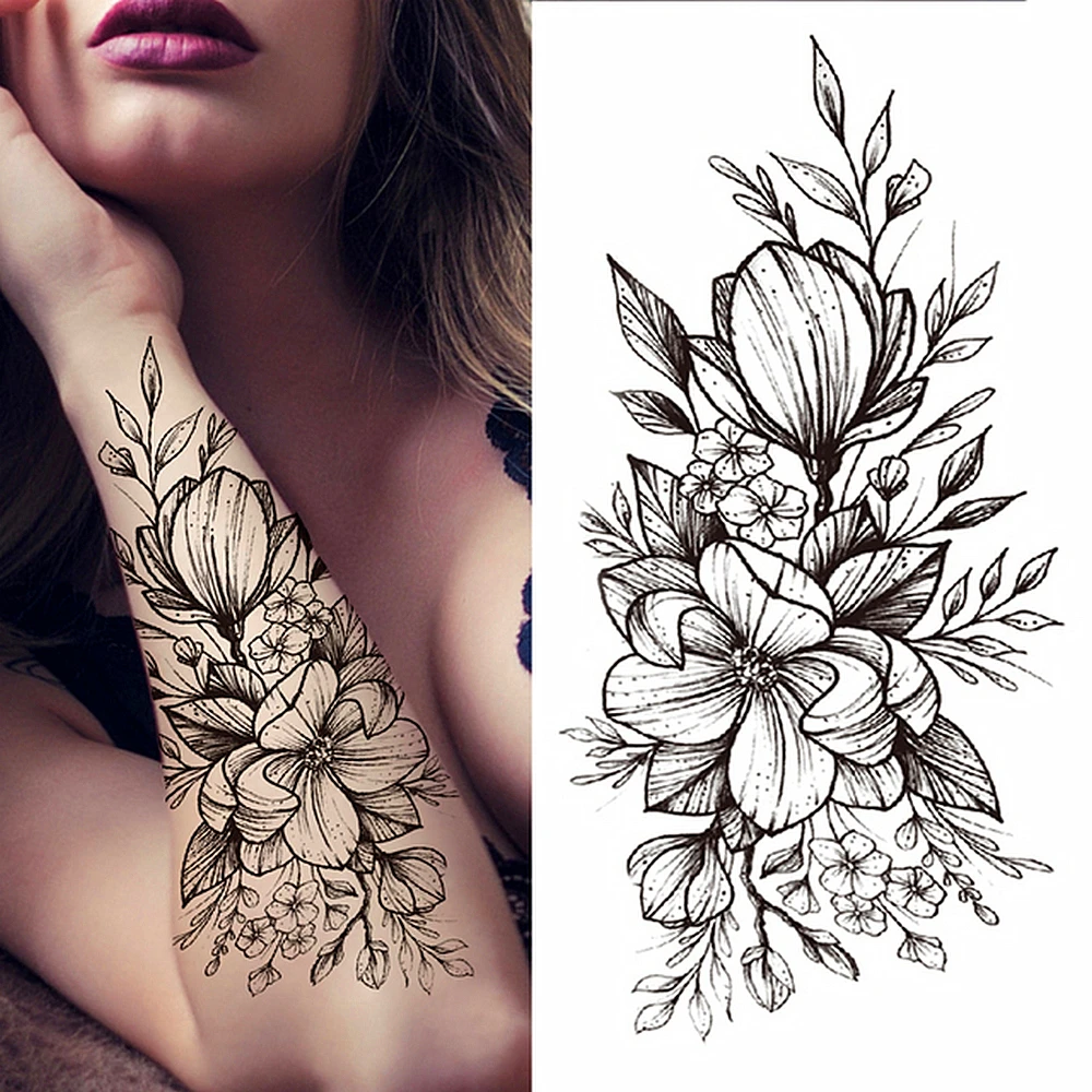 Black Temporary Tattoos Sexy Women Body Arm Art Compass Snake Flower Henna Mandala Waterproof  Character Fake Girl Tatoo Sticker