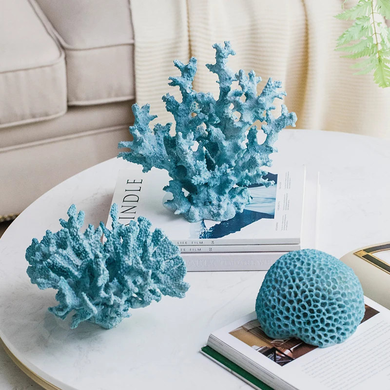 Mediterranean Blue Coral Sculpture Figurine Ornaments Plant Office Home Decoration Accessories Modern Art Resin Decor Craft Gift