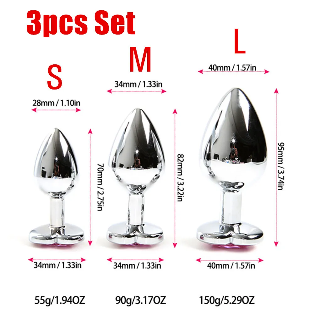 3Pcs Stainless Steel Anal Plug Buttplug G-Spot Stimulator Smooth Metal Crystal Jewelry Heart Shaped Sex Toys for Couples Adults image 2
