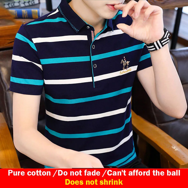 Men\'s short-sleeved t-shirt pure cotton casual lapel striped polo shirt summer new style Paul t-shirt top clothes men\'s clothing