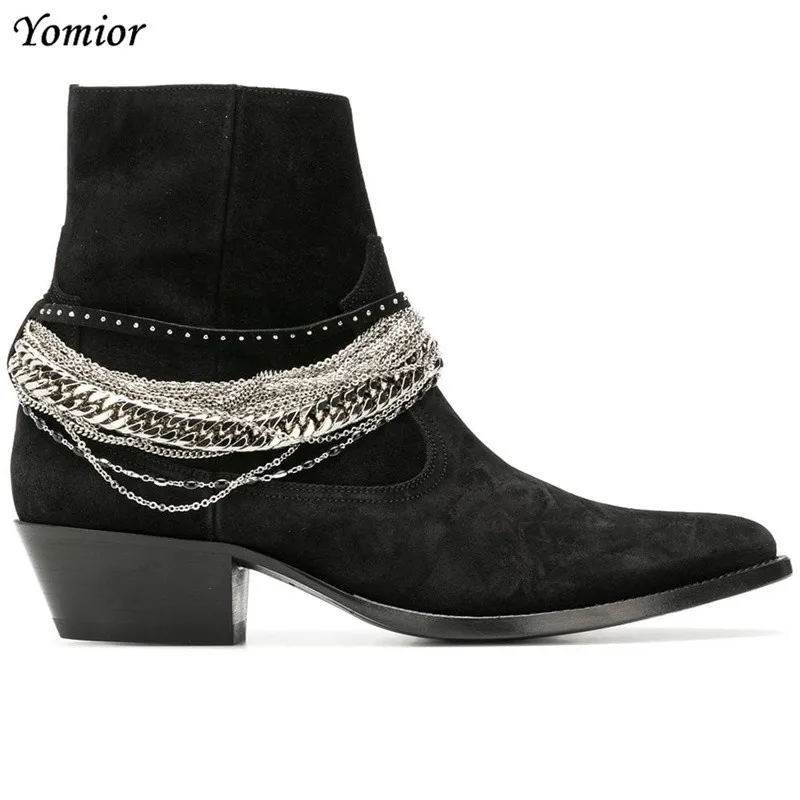 Yomior Spring Handmade Cow Leather Vintage Men shoes Fashion Brand Chain Tassel Ankle Boots High Quality Chelsea Boot Big Size