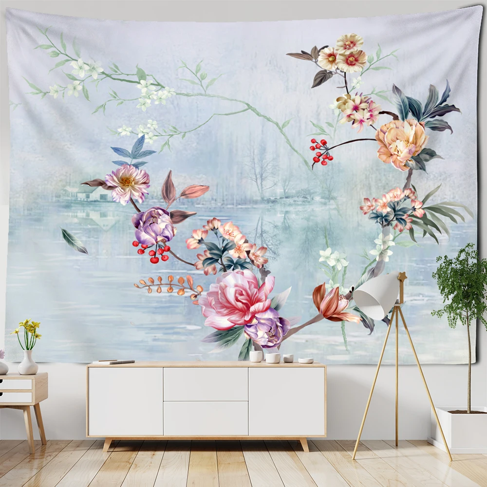 

Ink Flower And Bird Painting Tapestry Wall Hanging Bohemian Style Psychedelic Living Room Background Cloth Home Decor