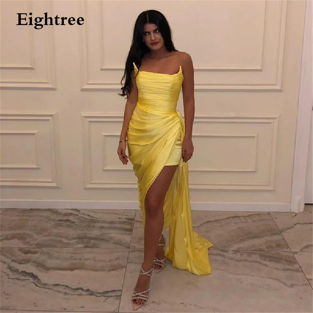 Vestido de noche largo amarillo sin mangas, vestido de gasa sin tirantes, Formal, para baile de graduación, 2022